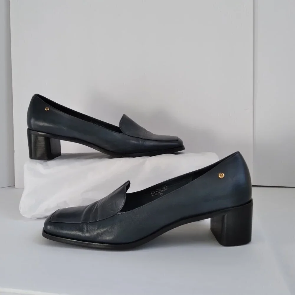 Stylish 90's Navy Leather 'Status' Slip On Square Toe Block Heel Shoes Sz 8.5 - Picture 9 of 10